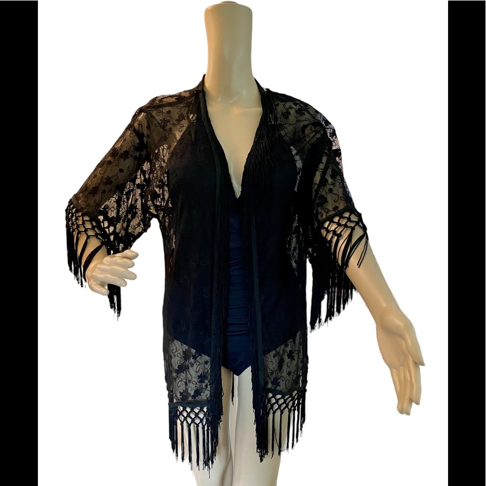 Monteau black lace & fringe cover up
